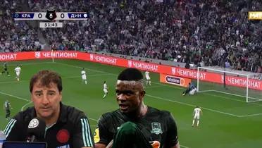 Jhon Córdoba celebrando un gol y Néstor Lorenzo en una rueda de prensa