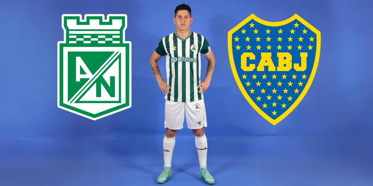 Jorman Campuzano y a su lado los escudos de Boca Juniors y Atlético Nacional