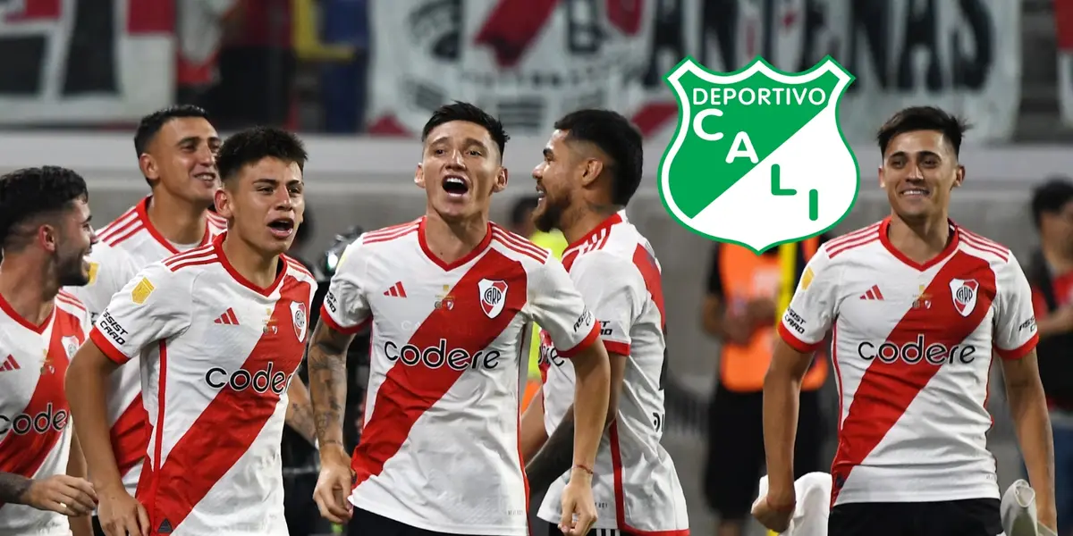 Jugadores del River Plate de Argentina celebrando un gol y el logo del Deportivo Cali
