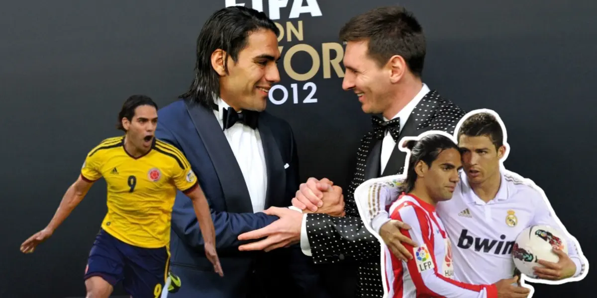 Radamel Falcao junto a Lionel Messi y Cristiano Ronaldo