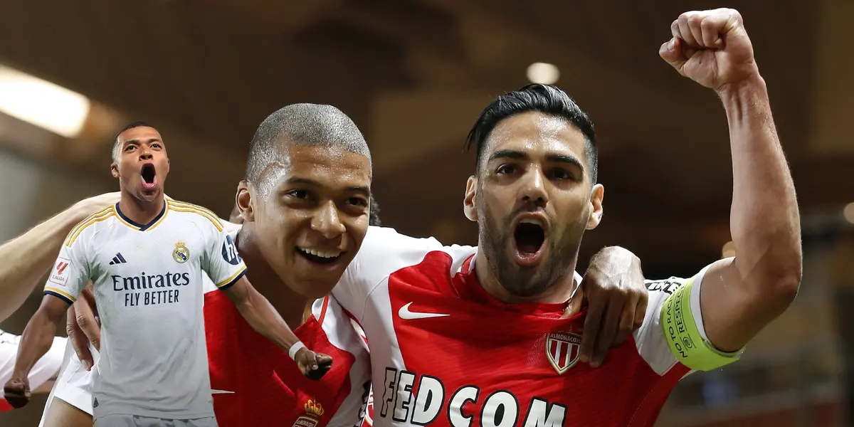 Radamel Falcao y Kylian Mbappé celebrando un gol en el AS Mónaco