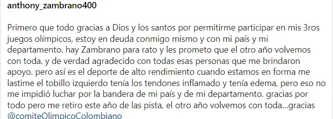 El mensaje de Anthony Zambrano en sus redes sociales anunciando su retiro en París 2024 Foto: Captura de Instagram @anthony_zambrano400