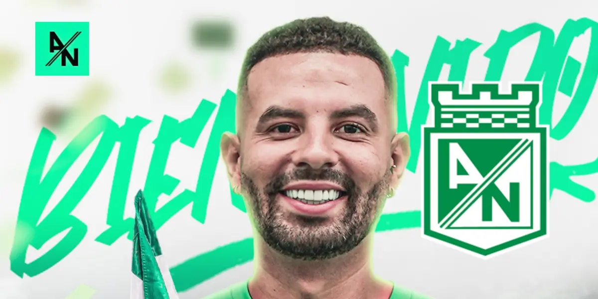 Edwin Cardona y al lado el escudo de Atlético Nacional