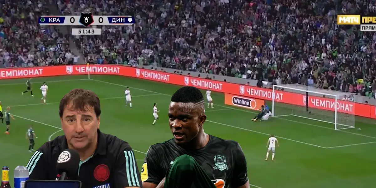 Jhon Córdoba celebrando un gol y Néstor Lorenzo en una rueda de prensa