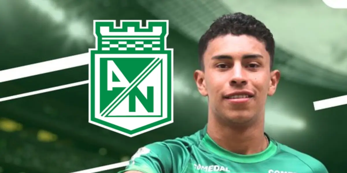 Johan Rojas y al lado el escudo de Atlético Nacional