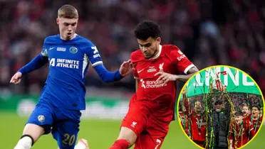 Luis Díaz campeón con Liverpool en la Copa de la liga (Foto tomada de redes Liverpool y Caracol Radio)