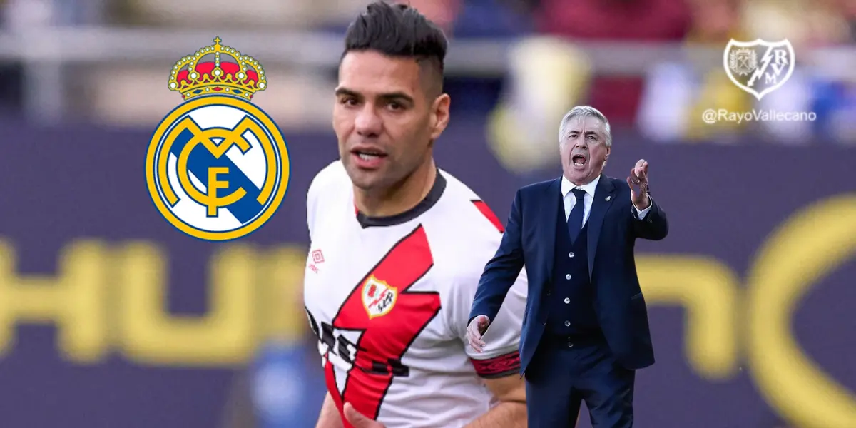 Radamel Falcao con nueva marca. Fotos de Falcao y Ancelotti del Twitter @MrAncelotti y @RayoVallecano, logo de Wikipedia.