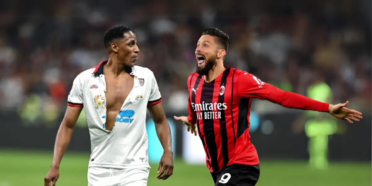 Yerry Mina con la camiseta rota tras una pelea con Olivier Giroud 